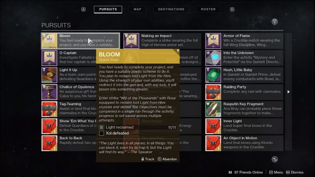 Menu showing Bloom, the final quest step.