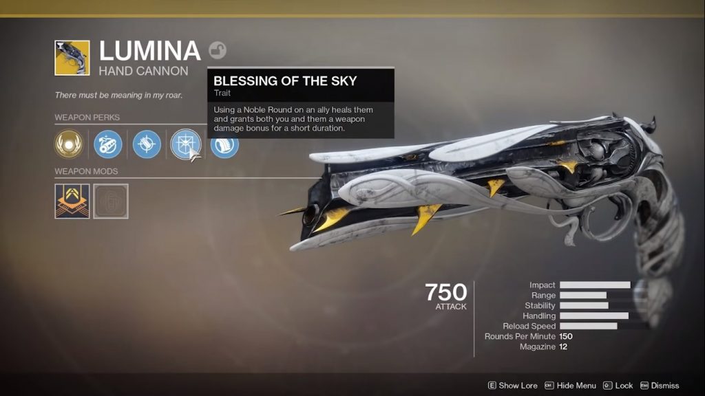 Menu showing Lumina, unlocked by completing A weapon of hope quest.