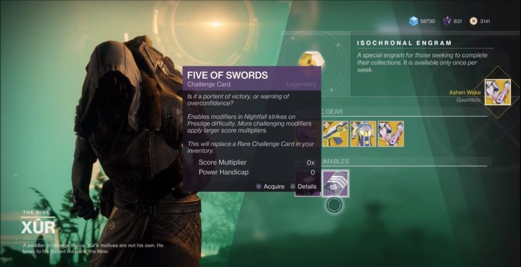 Xur selling Five of swords challenge card.