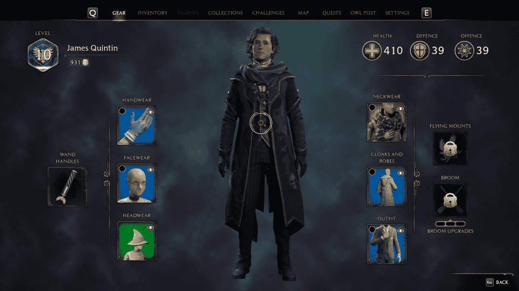 Hogwarts Legacy Gear Menu