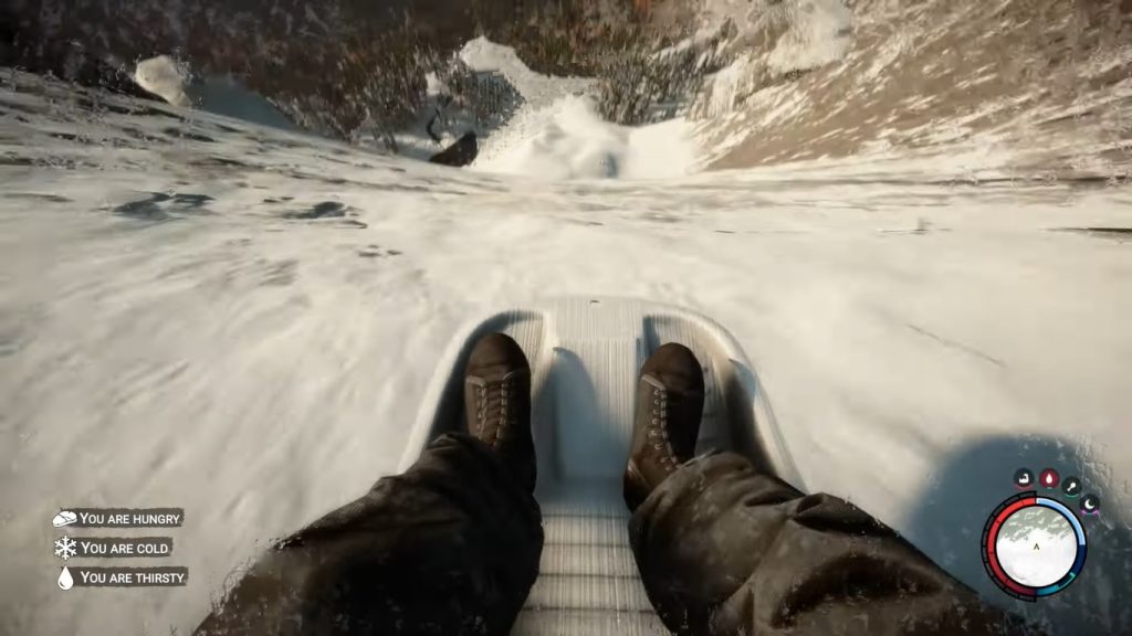 Riding a Sled down hill in Sons of the Forest