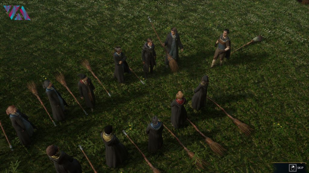 Students standing next to their flying broom