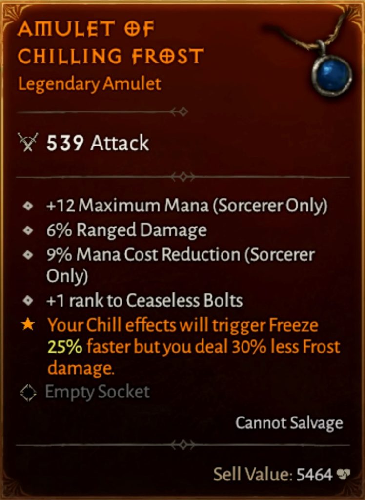 Amulet of Chilling Frost, a part of the most powerful Diablo 4 Legendaries.