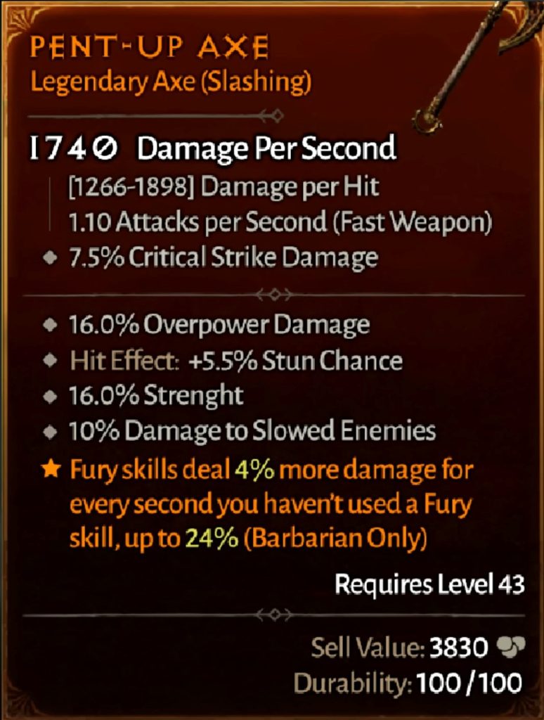 Pent-Up Axe, one of the many Diablo 4 Legendaries.