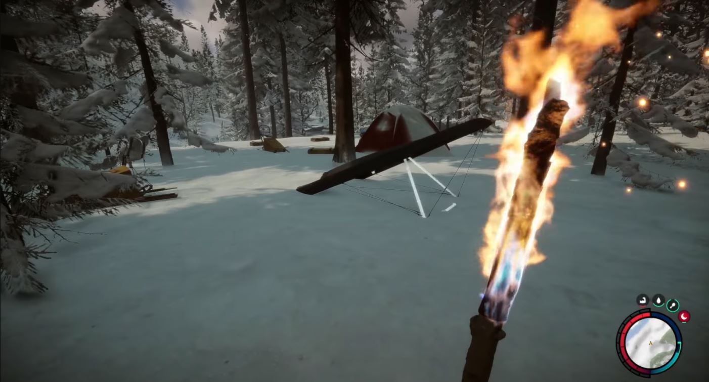 finding hang glider at the snowy campsite